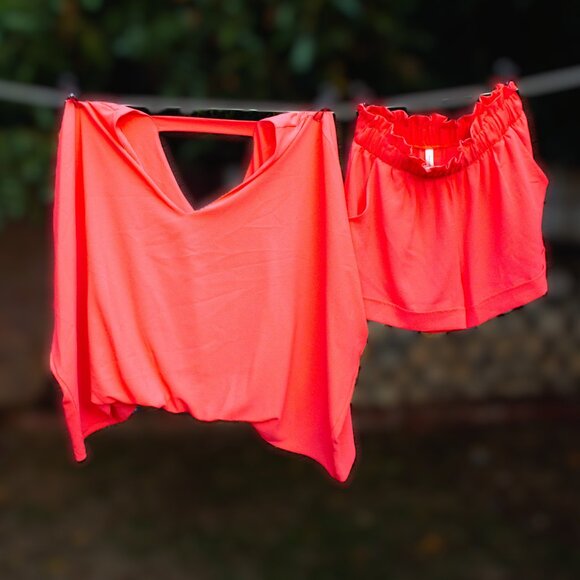 Tyche Bright Coral Crepe Texture Top and Shorts Set - Picture 1 of 5